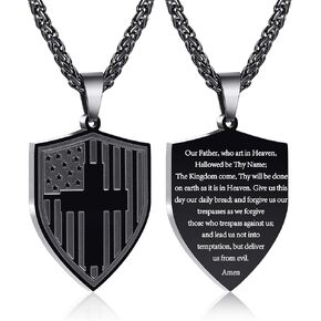P.BLAKE Shield American Flag Cross Bible Verse Necklace for Men Boys, 22+2 Inches Chain Stainless Steel Pendant Amulet Military Jewelry Gifts