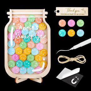 9" DIY Name 40 Tokens Smiley Face Magnetic Reward Jar with Bookmark Gifts for Classroom Teacher Kids Potty Training Chore Chart Toddler Good Behavior Management Tools Back to School RWJ-03-SMILEY-M