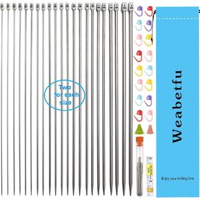 Weabetfu 55pcs Metal Knitting Needle Set,Aluminum Straight Single Pointed Stainless Steel Knitting Needles,11 Size 2mm-8mm,10inch Length for Handmade DIY Knitting with Accessories