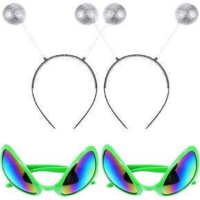 4 Pcs Alien Glasses with Rainbow Lenses & Martian Antenna Headband Set, Halloween Boppers Plastic Alien funny Sunglasses for Adult Kids Party Favors Accessories, Fancy Dress Party