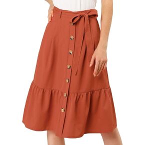 Allegra K Women's Button Front Ruffle Hem Belt High Waist A-Line Flowy Chiffon Pleated Midi Skirt