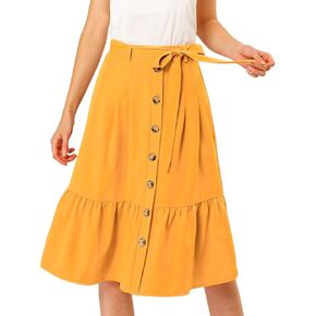 Allegra K Women's Button Front Ruffle Hem Belt High Waist A-Line Flowy Chiffon Pleated Midi Skirt