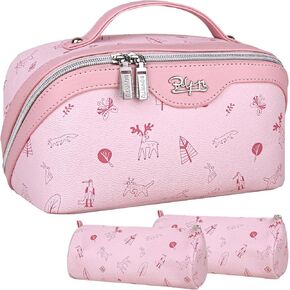 Travel Makeup Bags Cosmetic Organizer Bag: Large Capacity Make up Bag Set of 3 - PU Leather Toiletry Bag for Women - Portable Makeup Organizer with Compartments & Handle & Divider Coffee