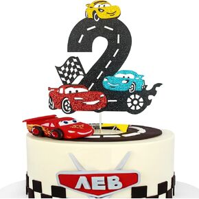 MEMOVAN Two Fast Cake Topper Race Car Birthday Cake Topper Decoration for Racing Car Checkered Flag Themed Girl Boy 3 Years Birthday Party Decoration