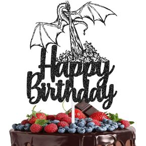Dragon Happy Birthday Cake Topper - Animated film themed Game Party black Glitter Decoration Supplies