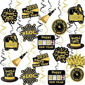New Year Eve Party Decorations 2025/Happy New Year Decorations New Years Decorations Black Gold Hanging Swirls/Happy New Year Decorations 2025 Hollywood NYE Decorations