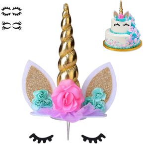 Unicorn Cake Topper,Handmade Party Cake Decoration Supplies with multiple Eyelashes,Reuasble Gold Horn for Birthday Party,Baby Shower&Wedding…