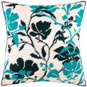 Floral Stamped Cross-Stitch Kit for Adults and Beginners — Flowers in The Evening 16″ × 16″ with Clear, Precise Printed Design on Cotton Canvas; Includes 2 Needles, Yarn, and Easy-Read Chart