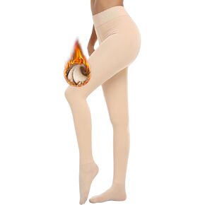 RISSCAN Fleece Lined Tights for Women Opaque Warm Control Top Pantyhose Thermal leggings Stirrup Footed Tights for Winter(300g Thick Fleece Footed Nude,S)