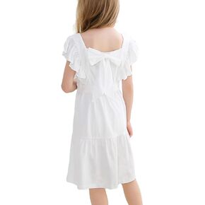 VASCHY Girls' Ruffle Dress Cut Open Back and Bow Detail for Special Occasions Swing Twirly Summer Dress Cotton