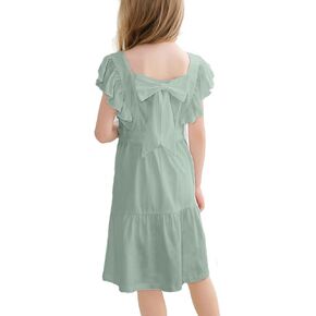 VASCHY Girls' Ruffle Dress Cut Open Back and Bow Detail for Special Occasions Swing Twirly Summer Dress Cotton