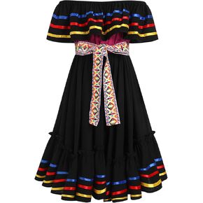 Kids Girls Fiesta Mexican Ribbon Ruffle Drape Dresses with Belt Sleeveless Cinco De Mayo Traditional Folk Clothes