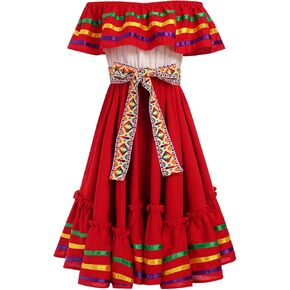 Kids Girls Fiesta Mexican Ribbon Ruffle Drape Dresses with Belt Sleeveless Cinco De Mayo Traditional Folk Clothes
