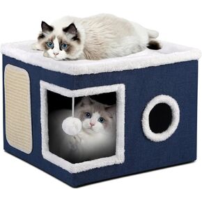 Cat Beds for Indoor Cats, Large Cat Cave with Cozy Condo, Fluffy Hanging Ball, Round Window, Foldable Indoor Cat House Hold Up to 30LBS, Cat Hideaway with Double-Sided Soft Cushions for All Seasons
