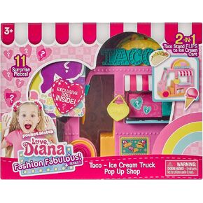 Love, Diana, Kids Diana Show, Fashion Fabulous Doll with 2-in-1 Taco and Ice Cream Truck Pop-Up Shop, 11 Surprise Play Pieces