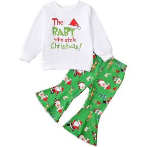 Kislio Toddler Baby Girl Christmas Outfit Long Sleeve Sweatshirt Top Bell Bottoms Pants Infant Girls Christmas Clothes Set