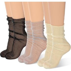3 Pairs Women's Sheer Glitter Socks Tulle Decorated Socks Mesh Lace Socks Sparkle Slouch Ankle Ruffle Socks Sheer Loose Crew Socks Shiny Slouch Socks Women Frilly Glitter Socks for Women Girls Dress