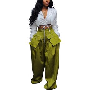 Mid Rise Wide Leg Cargo Pants for Women Baggy Trousers with Detachable Pockets Streetwear