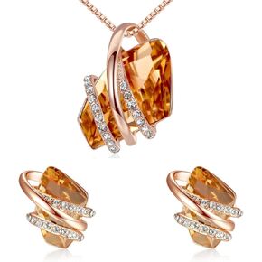 Leafael Wish Stone Necklace, Stud Earrings Jewelry Set for Women, November Birthstone Amber Brown Crystal Jewelry, Silver Tone Gifts for Women