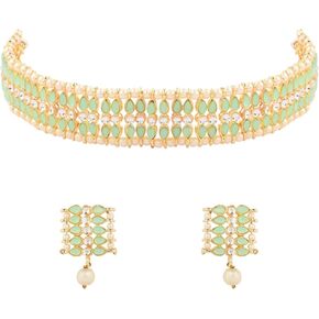 I Jewels Gold Plated Indian Wedding Bollywood Gold Pearl & Kundan Studded Choker Necklace Jewellery Set For Women (K7209)