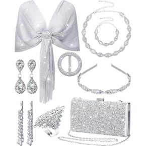 مجموعة مجوهرات Shihanee المكونة من 8 قطع من حجر الراين للنساء تتضمن شالات ولفائف وحقائب يد وعصابة رأس كريستالية ودبوس شعر وحلقة إصبع لحفلات الزفاف وحفلات الزفاف المسائية in Kuwait