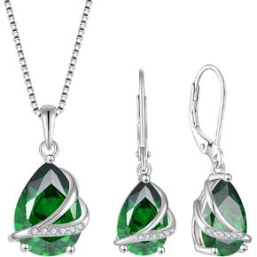 Teardrop Jewelry Set for Women 925 Sterling Silver Emerald May Birthstone Necklace Leverback Earrings Gifts for Wife Girlfriend Mother Daughter