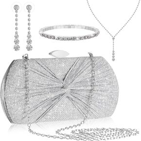 Blosssound 4 Pcs Silver Clutch Purse Jewelry Set for Women Includes Rhinestone Purse Silver Hand Bag Crystal Necklace Earrings Bracelets for Bridal Wedding Evening Party Accessories