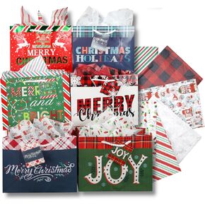 Iconikal Medium Gift Bags With Tissue Paper for Christmas 24-Pack Fun Bright Designs Merry Christmas, Joy, Holidays