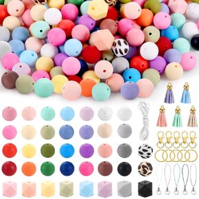 254 قطعة من خرز السيليكون للأقلام، خرز سيليكون 15 مم لصنع سلسلة المفاتيح، خرز مطاطي مثمن دائري ملون من Funtopia لصنع قلادة السوار والحرف اليدوية مع حلقات المفاتيح والشرابات in Kuwait