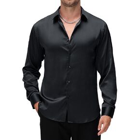 Alex Vando Mens Luxury Satin Dress Shirt Long Sleeve Silk Shiny Sateen Party Shirt