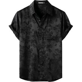 ZEROYAA Men's Shiny Luxury Silk Satin Floral Jacquard Short Sleeve Button Down Shirt for Party Prom