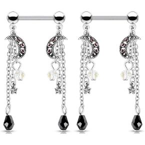 Pierced Owl CZ Crystal Star and Moon Chain Dangle Nipple Barbells, Sold as a Pair