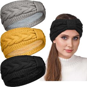 Winter Headbands for Women's Hair, 3 Pack Chunky Ear Warmer Knitted Headband Women Crochet Braided Ear Muffs Fleece Lined Elastic Wide Head Bands Head Wraps for Sport, Daily Wear