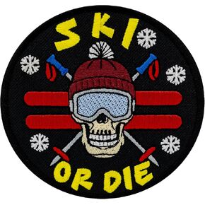 Ski or Die, Funny Skull with Ski, Sarcastic, Extreme Embroidered Patch Iron on. Size: 3.9 x 3.9 inches.