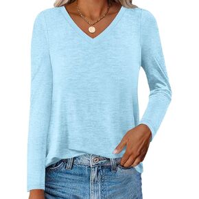 Womens V Neck Long Sleeve Shirts Casual Curved Hem Tunic Tops Basic Loose Fit T Shirts Tees 2024