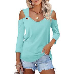 Minetom Women's V Neck 3/4 Sleeve Shirts Cold Shoulder Tops Basic Summer Tees