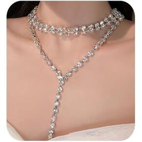 Bohemain Lariat Silver Crystal Rhinestone Y Pendant Necklae Long Necklace for Women Lariat Dainty Silver Necklace Rhinestone Choker Necklace