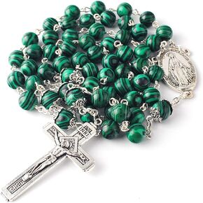 Catholic Town Rosary Necklace 8mm Malachite Beads with Miraculous Medal center piece and metal Crucifix cross (ROSJST-MAL)