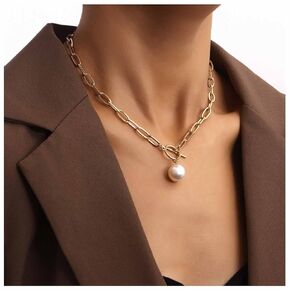 Bohemian Pearl Pendant Necklace Pearl Paperclip Link Chain Necklace Paperclip Collar Necklace Gold T Bar Necklace Jewelry for Women and Girls Gifts