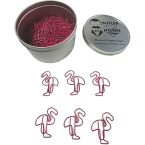 Butler in the Home 100 Count Flamingo Shaped Paper Clips Great for Paper Clip Collectors or Office Gift - Comes in Round Tin with Lid and Gift Box - Pink