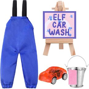Outus 6 Pcs Christmas Elf Accessories Elf Doll Car Wash Outfit Set elf Prop Include Elf Car Wash Clothes Mini Bucket Car Card Towel Display Stand for Xmas Elf Dollhouse Decorations DIY Craft Gift