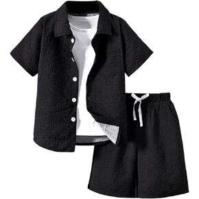 Boy's 2 Piece Outfits Textured Clothing Set Button Front Short Sleeve Blouse Collar Neck Shirt Top and Shorts Set