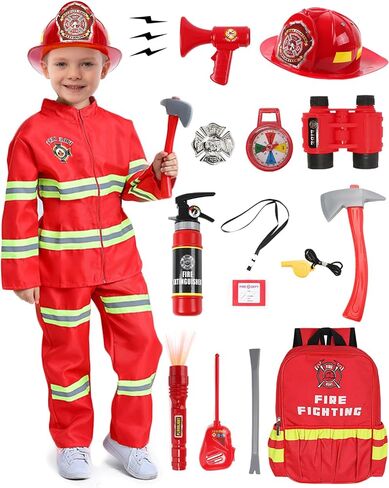 Kids Firefighter Costume 15 Pcs Fireman Dress-up Toy Set Toddler Halloween Costumes Boy Fire Fighter Hat with Gear Bag in Saudi Arabia