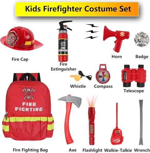 Kids Firefighter Costume 15 Pcs Fireman Dress-up Toy Set Toddler Halloween Costumes Boy Fire Fighter Hat with Gear Bag in Saudi Arabia
