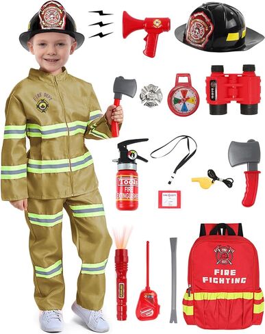 Kids Firefighter Costume 15 Pcs Fireman Dress-up Toy Set Toddler Halloween Costumes Boy Fire Fighter Hat with Gear Bag in Saudi Arabia