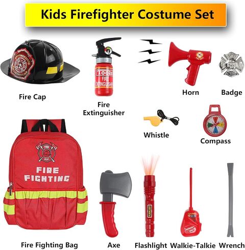 Kids Firefighter Costume 15 Pcs Fireman Dress-up Toy Set Toddler Halloween Costumes Boy Fire Fighter Hat with Gear Bag in Saudi Arabia