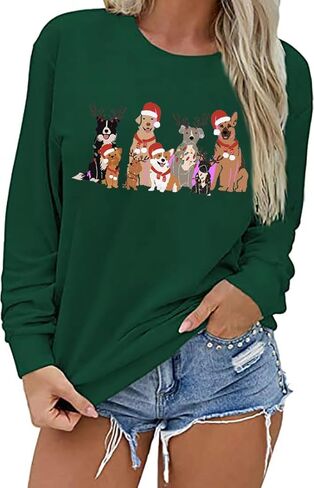 MYCHTE Christmas Dog Sweatshirt Women Dog Owner Xmas T Shirt Gift Casual Long Sleeve Pullover Tops Cute Dogs Graphic Tee in Kuwait