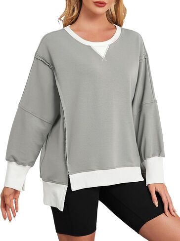 ZAFUL المرأة البلوز قمم المتضخم - Crewneck Sideslit كم طويل سترة صوفية ملابس المعلم 2024 in Saudi Arabia