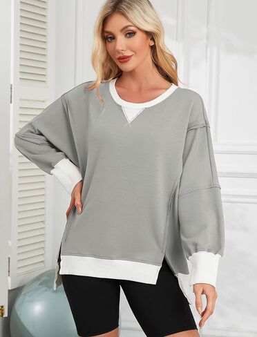 ZAFUL المرأة البلوز قمم المتضخم - Crewneck Sideslit كم طويل سترة صوفية ملابس المعلم 2024 in Saudi Arabia