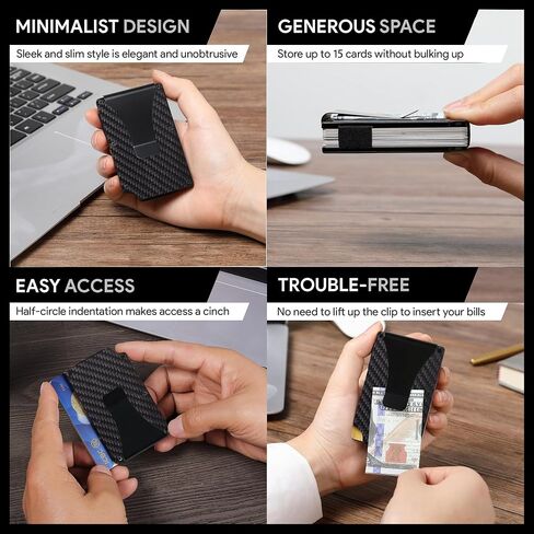 Carbon Fiber Minimalist Wallet for Men Credit Card Holder Money Clip & Cash Strap Slim RFID Mens Wallets(Matte Carbon Fiber) in Kuwait